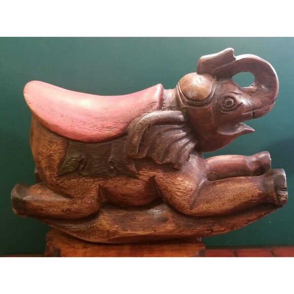 Vintage Hand Carved & Hand Painted Wooden Elephant Rocking Horse 10.5"x7.25"x4" - Picture 2 of 6